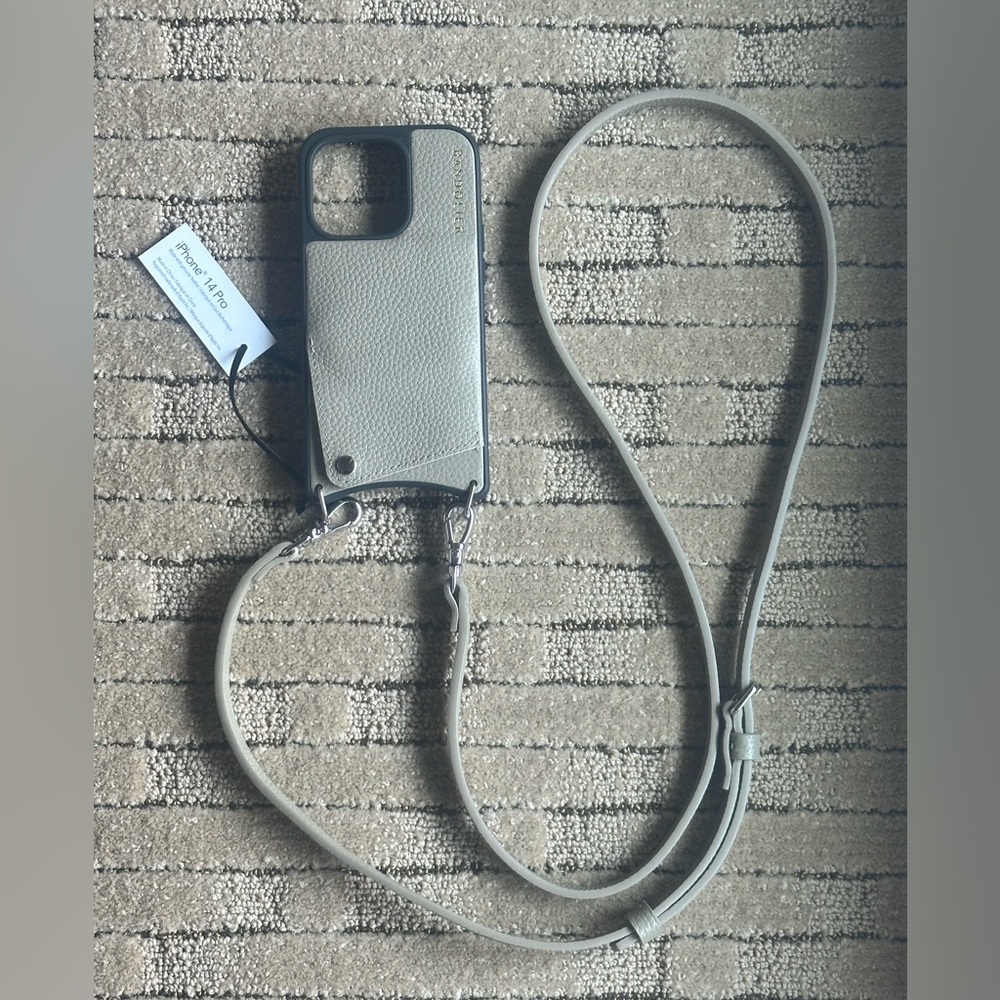 BANDOLIER Emma Pebble Leather Crossbody Phone Case - Greige/Silver iPhone 14 Pro